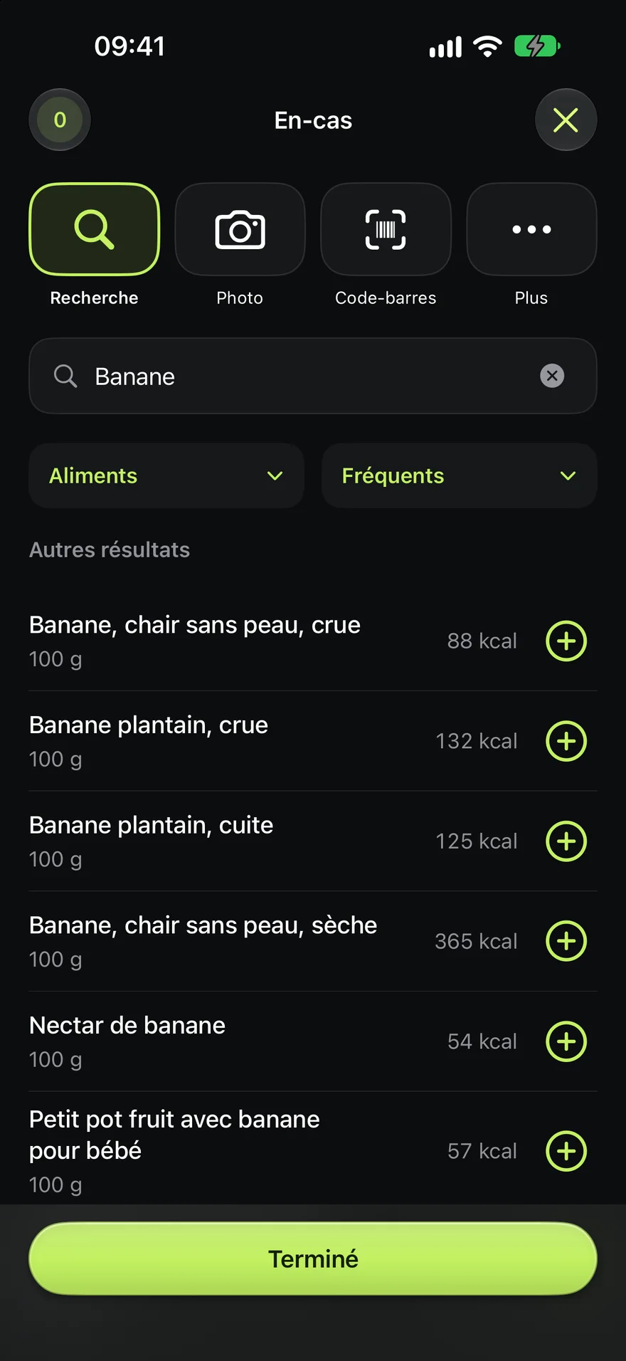 Recherche d’aliments dans Aven avec les résultats « banane » et leurs calories pour 100 g