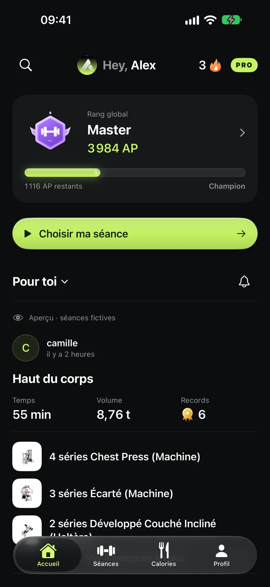 Accueil d’Aven : rang global Master à 3 984 AP, 1 116 AP avant Champion, bouton « Choisir ma séance » et fil d’activité
