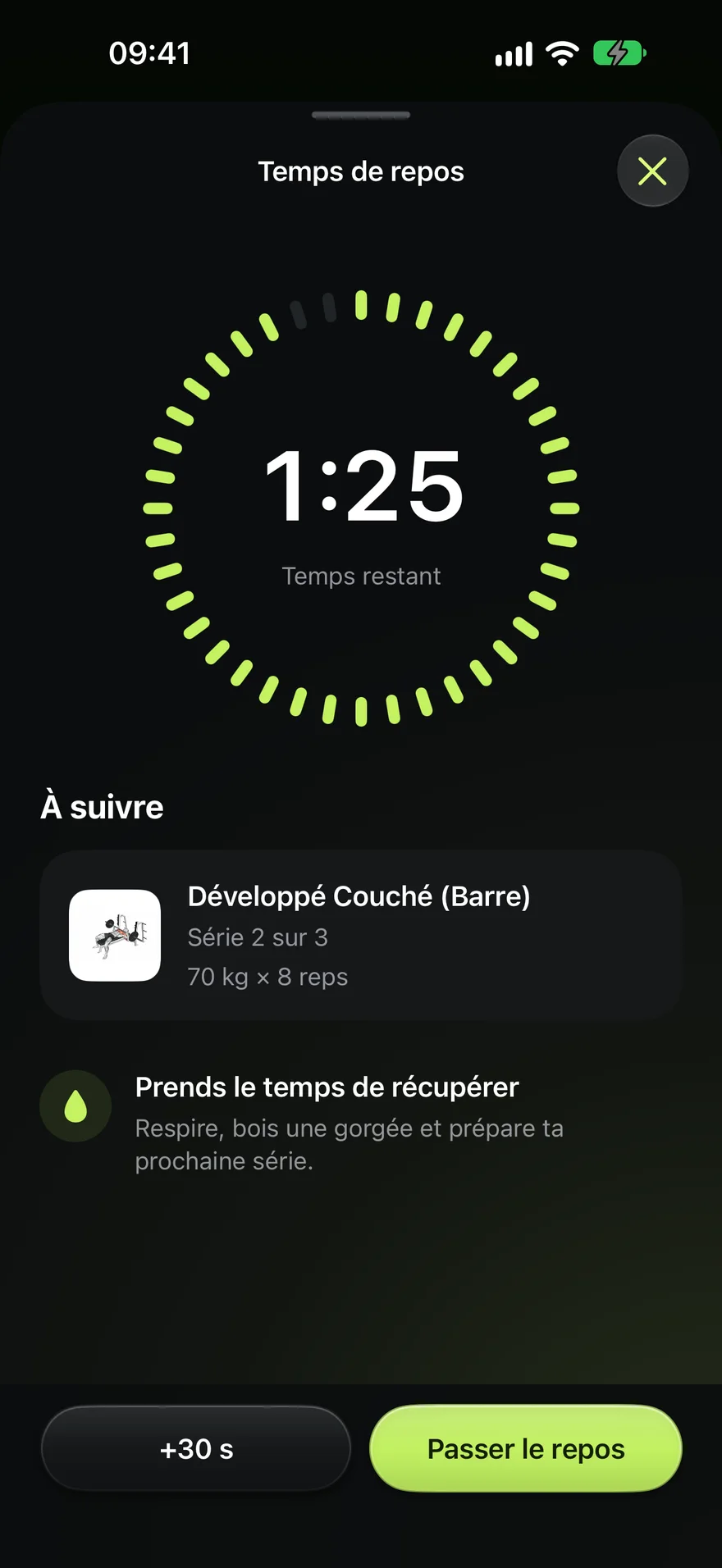 Minuteur de repos d’Aven : 1 min 25 restante et prochaine série de développé couché à 70 kg pour 8 répétitions