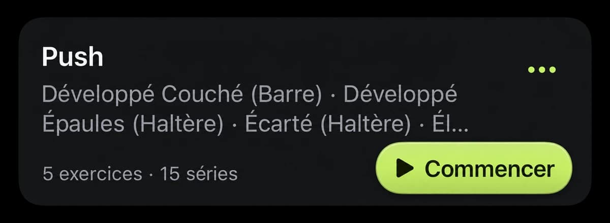 Une routine Push dans Aven : 5 exercices, 15 séries et le bouton pour commencer la séance